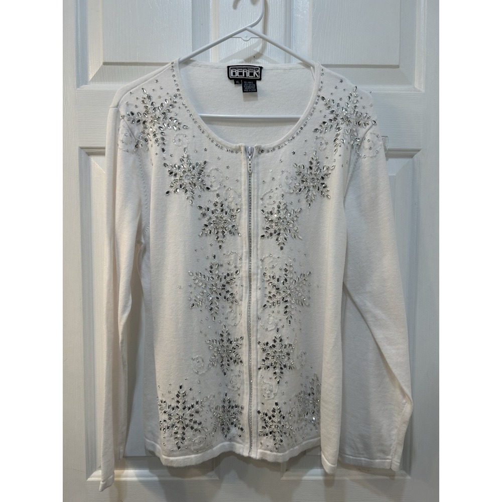 Vtg Berek Ramie Cotton Rhinestone Snowflake Sweater XL Beaded Full Zip Festive